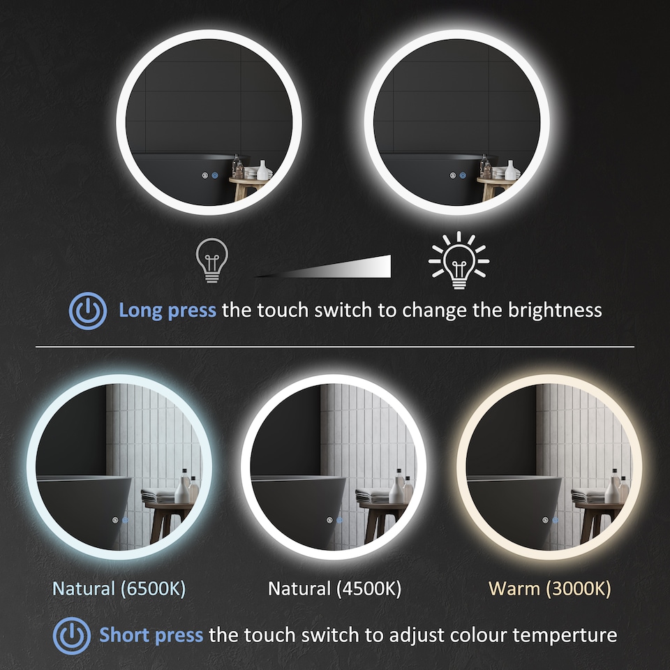 image 1 of kleankin Round Bathroom Mirror with LED Lights, Wall-Mounted Dimmable Makeup Mirror with 3 Temperature Colours, Defogging Film
