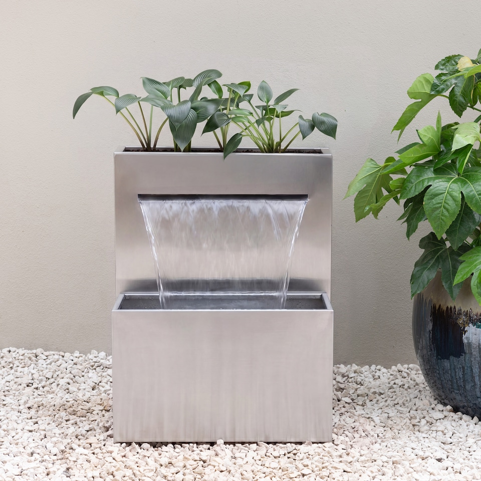 image 1 of Planter & Waterfall Cascade Silver Stainless Steel Outdoor Water Feature with Lights H89cm