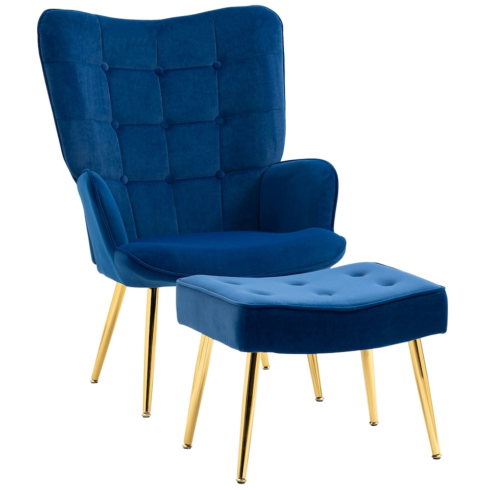 image 1 of HOMCOM Button Tufted Armchair with Footstool and Gold Legs Dark Blue