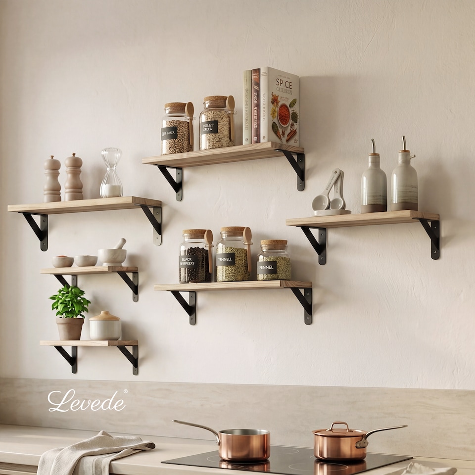 image 1 of Levede Floating Shelves 6 Set Wood Shelves for Wall Brown Modern Storage Home
