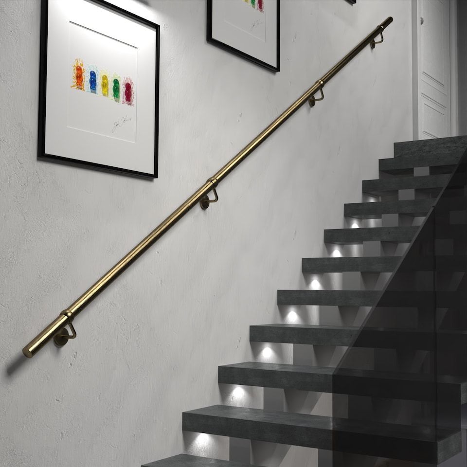 image 1 of Stiley Living Wall Mounted Handrail Kit, Banister System with Brackets and Fixings | Gold | Antique Brass | 3.6m