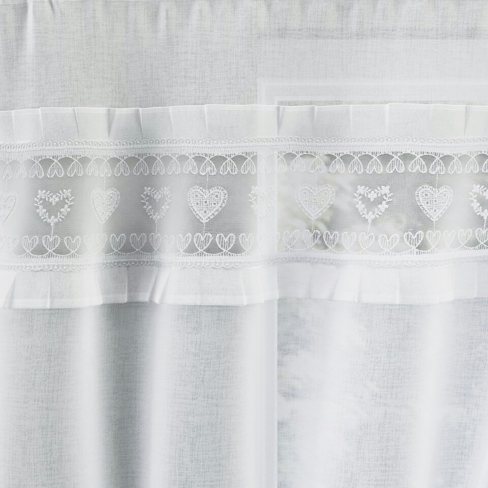 image 1 of Lucy White Embroidered Heart Design Window Set 140 x 106 cm Rod Pocket Window Set with Frill Edging and 2 Matching Tie Backs
