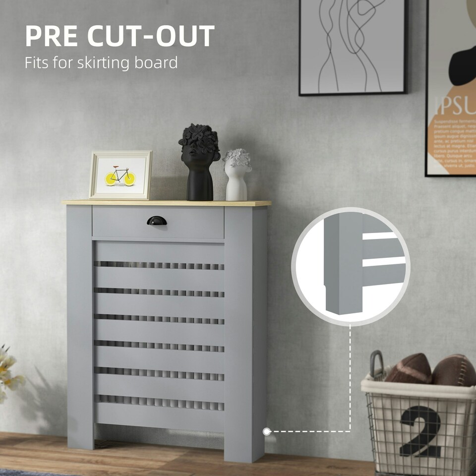 image 1 of HOMCOM Radiator Cover with Drawer, Horizontal Slat, 78cm, Grey