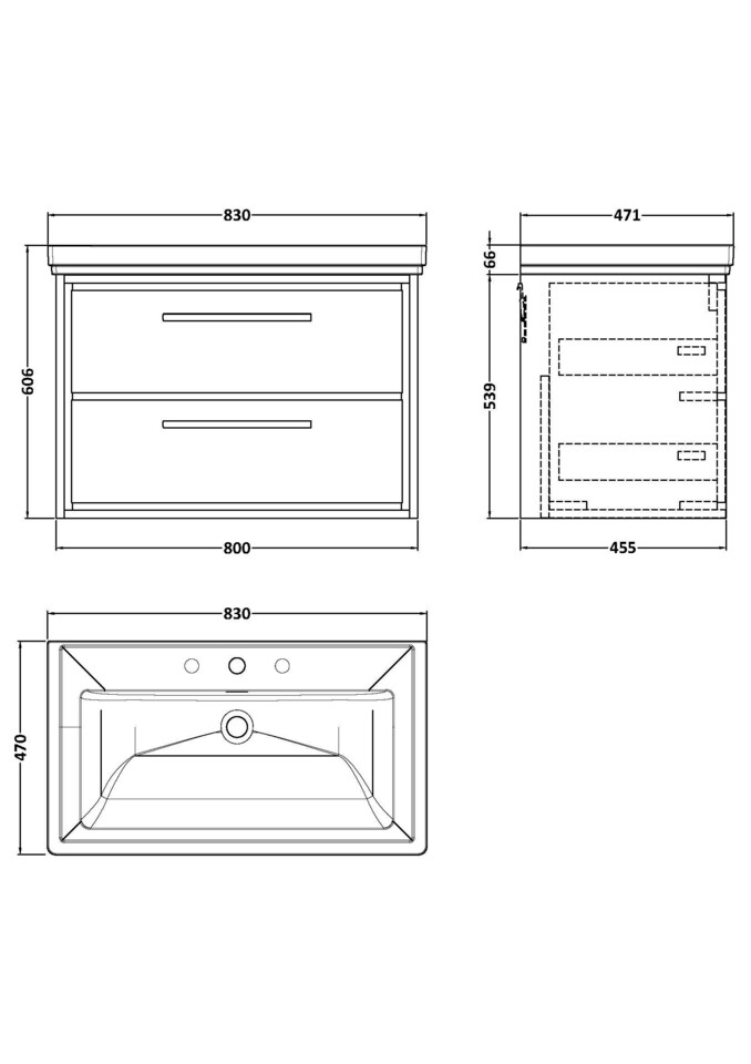 image 1 of Balterley Modern Bathroom Wall Hung 2-Drawer Vanity Unit with Fireclay Basin | Grey | Monument Grey | 606 x 830 x 471mm