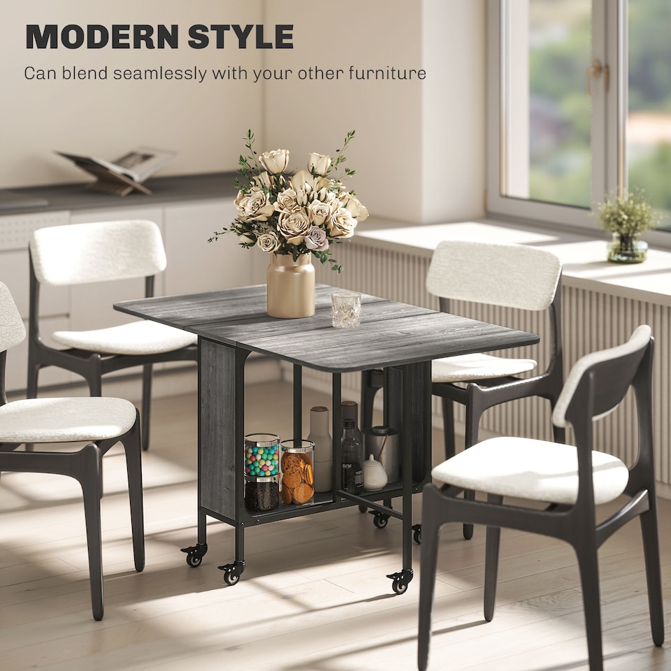 image 1 of HOMCOM Mobile Drop Leaf Table, Folding Dining Table with 6 Wheels & Storage Shelf for Small Spaces, Kitchen, Dining Room, Grey