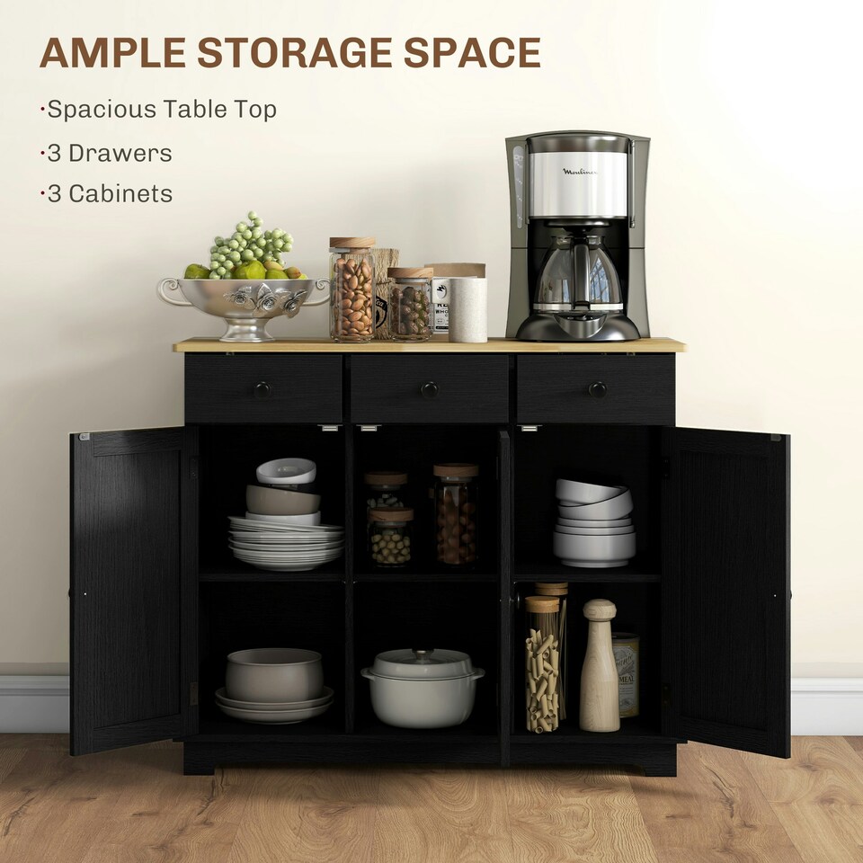 image 1 of HOMCOM Sideboard Buffet Cabinet with Rubber Wood Top and Drawers, Black Black | Rubberwood top