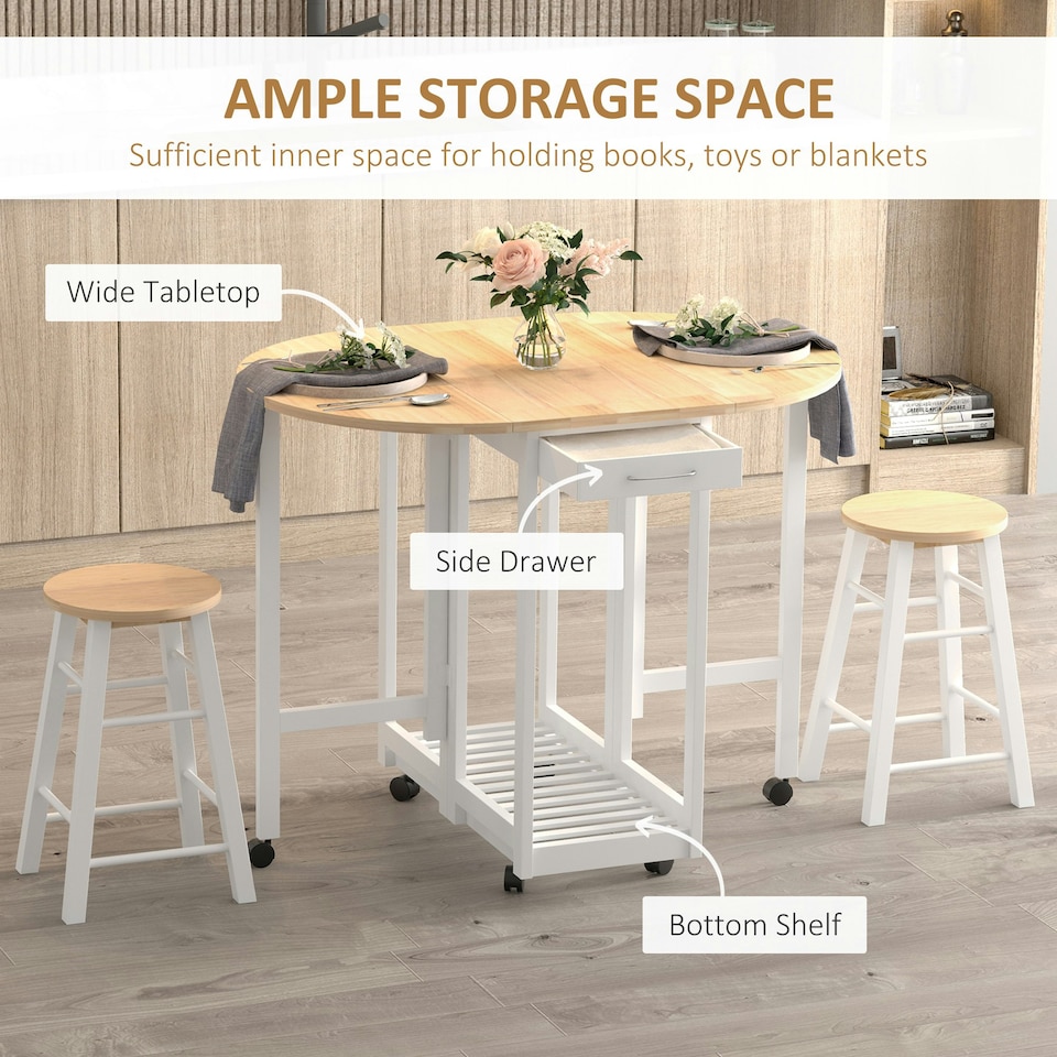 image 1 of HOMCOM 3pc Wooden Kitchen Cart Trollet Table Folding Stools Space-saving