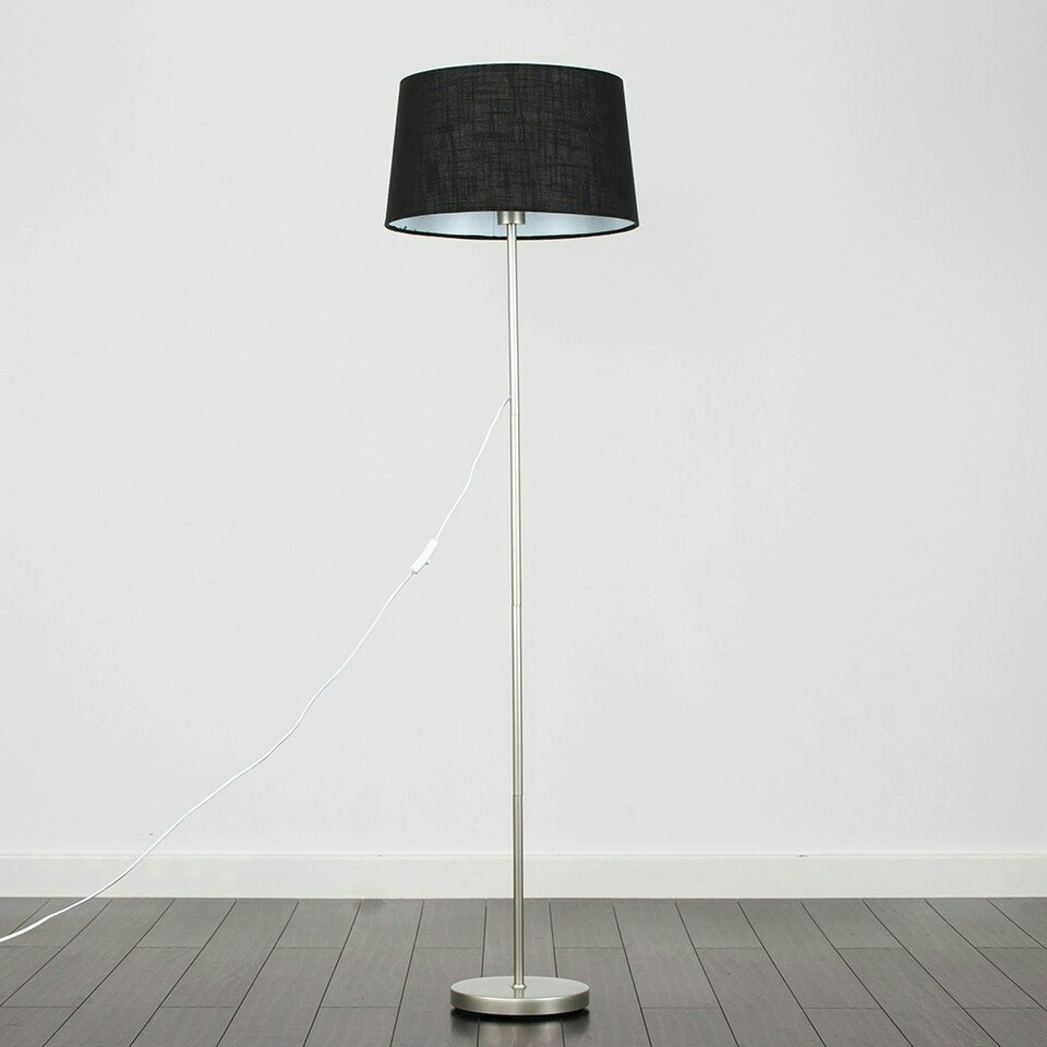 image 1 of ValueLights Modern Floor Lamp In Brushed Chrome Metal Finish With Black Faux Linen Shade