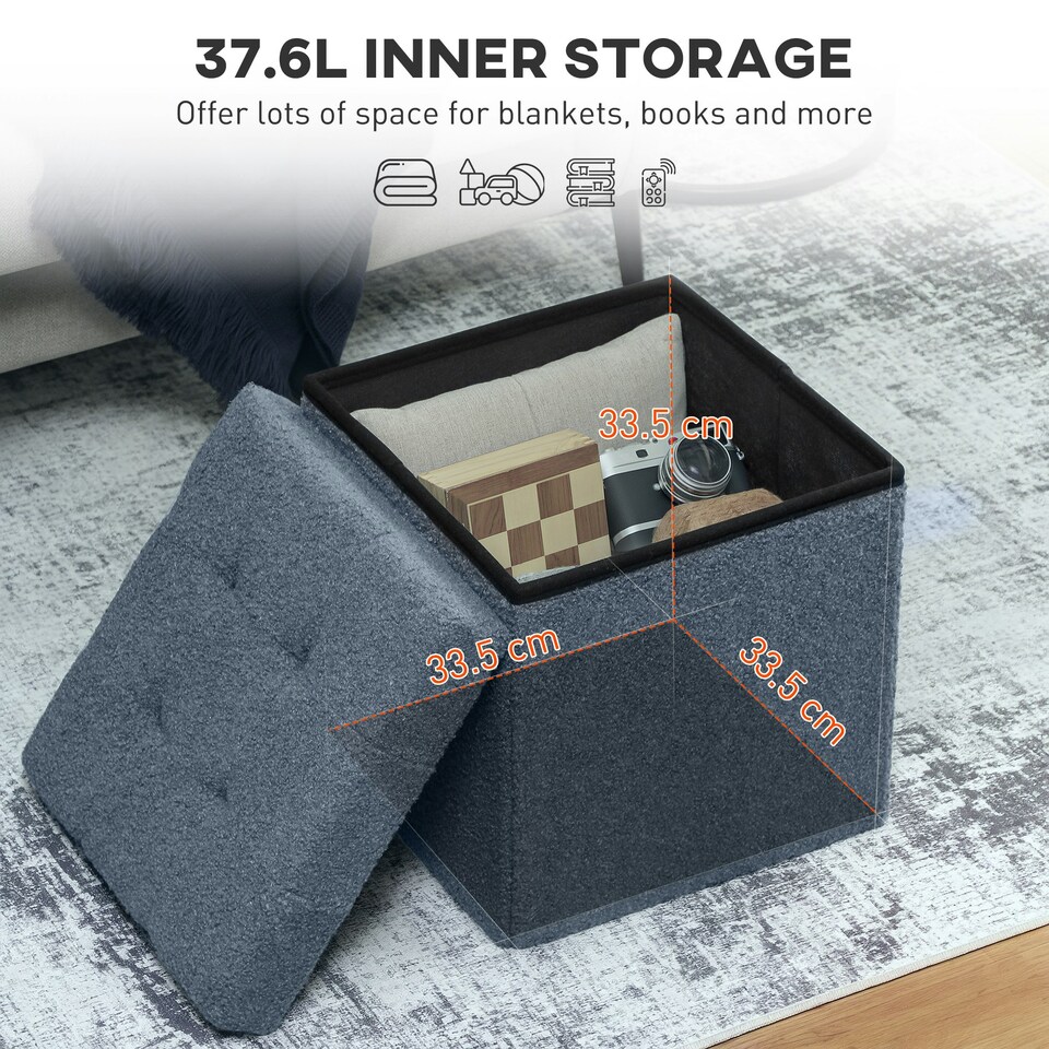 image 1 of HOMCOM Foldable Sherpa Fleece Storage Ottoman, 38 x 38 x 38 cm Blue