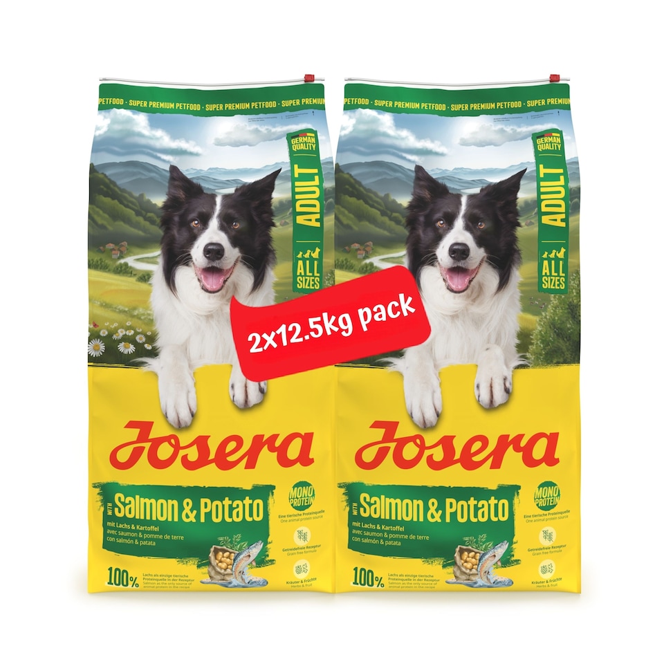image 1 of Josera Adult Salmon & Potato grain-free complete food | Adult & Senior dogs | Single animal protein | Gluten free | Herbs & fruit | Skin & Coat | 2x12.5kg pack