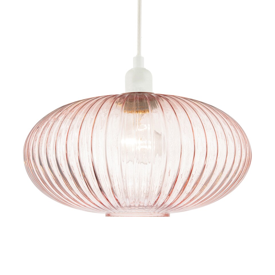 image 1 of Modern Designer Soft Pink Line Ribbed Glass Oval Pendant Lamp Shade | Pink