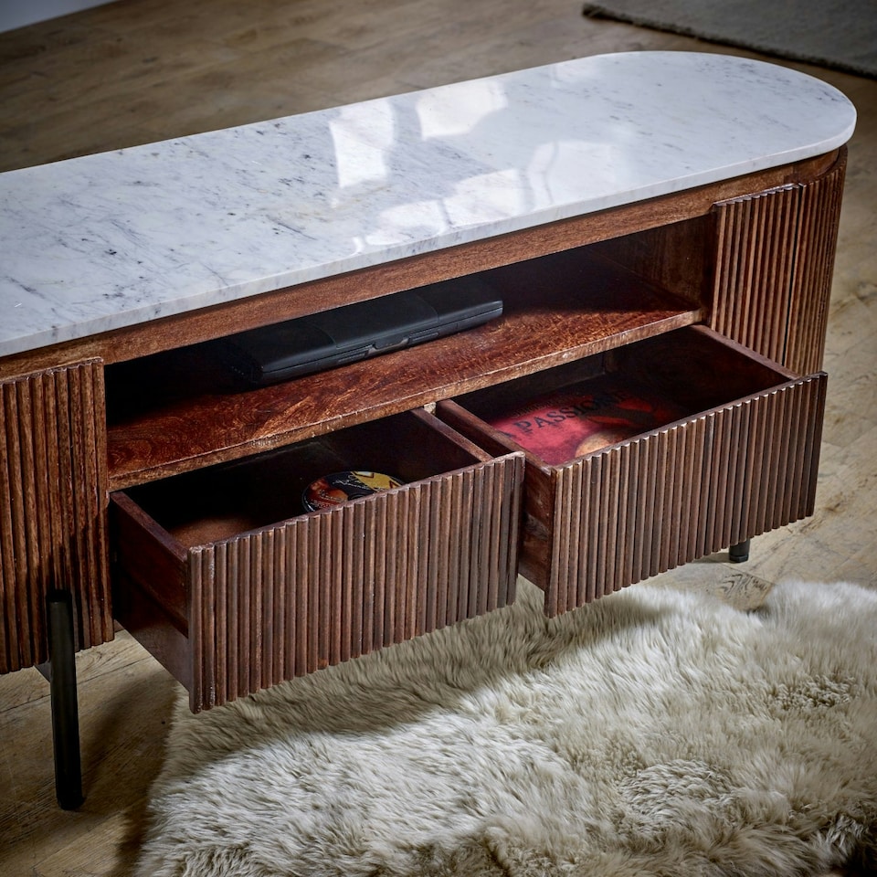 image 1 of Miel Mango Wood Tv Cabinet With Marble Top and Metal Legs Brown