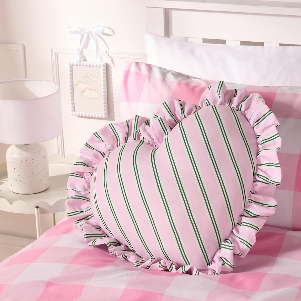 image 1 of OHS Heart Shaped Frill Scatter Cushion Throw Pillow | Multi | Pink/Green