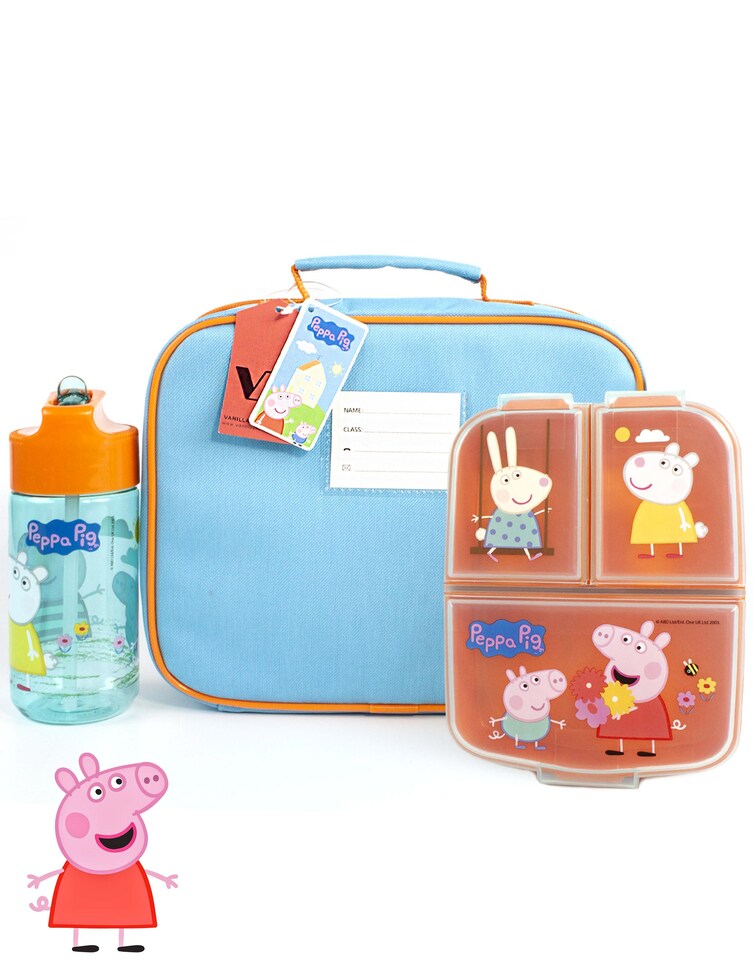 image 1 of Peppa Pig Lunch Box Set for Kids | School Food Bag, Water Bottle & Snack Pot | Adventure with George Pig, Rebecca Rabbit, Suzy Sheep | Carry Peppa's Adventure Everywhere Lunch Set