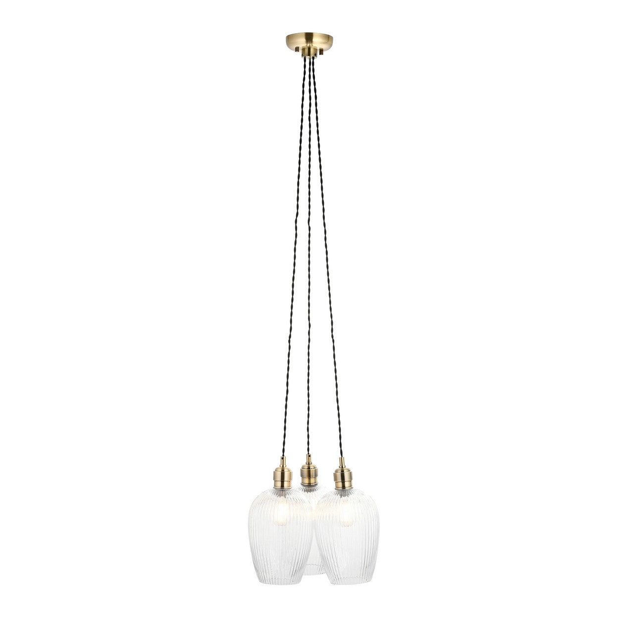 Livorno Cluster Pendant Ceiling Light Antique Brass Plate & Clear Ribbed Glass 3 x 10W LED E27
