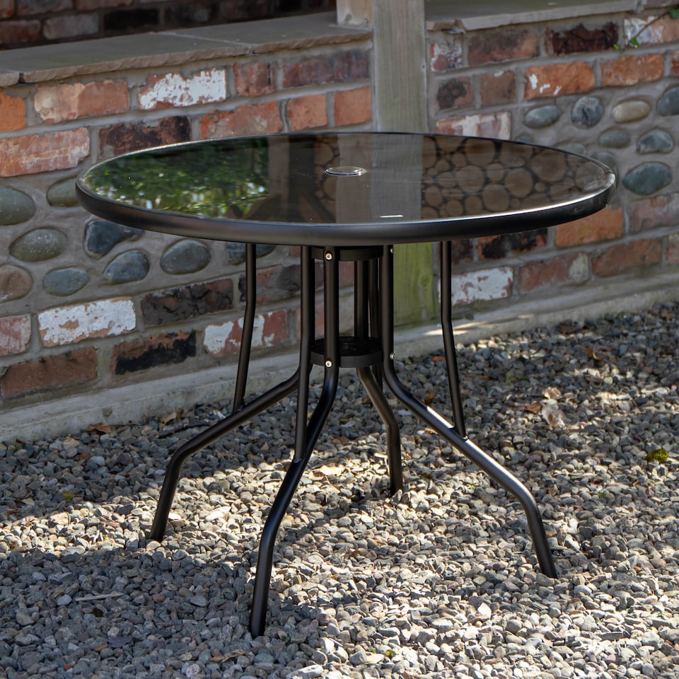 image 1 of Outdoor 4 Person Round Glass Top Garden Patio Dining Table Chairs Set