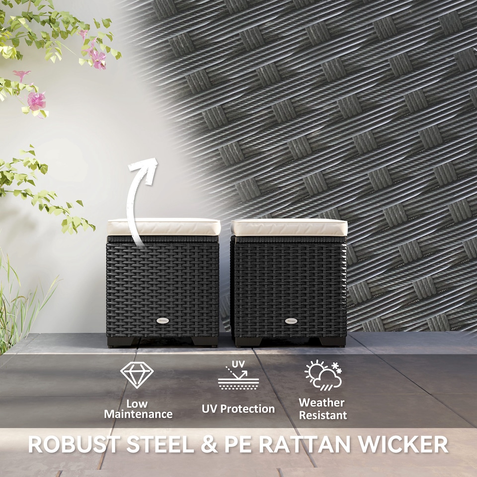 image 1 of Outsunny Set of 2 Rattan Storage Ottoman, Outdoor Footstool with Removable Cushions, Garden Storage Seat for Balcony, Porch, Living Room, Cream White | Cream | 40W x 40D x 40H cm | 1