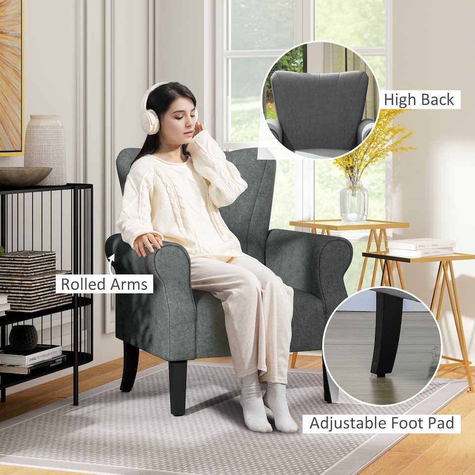 image 1 of HOMCOM Modern Upholstered Accent Chair, Linen Armchair with Rolled Arms and Wood Legs, Single Sofa Chair for Living Room Bedroom, Grey
