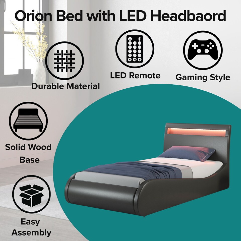 image 1 of Orion LED Lights Headboard Gaming Style Black Faux Leather Bed Frame (Single) | Black | Black | Single