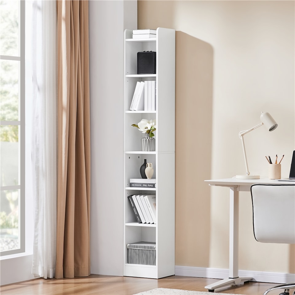 image 1 of Yaheetech 7-layer Narrow Bookshelf with Top Open Compartment | White | One Size