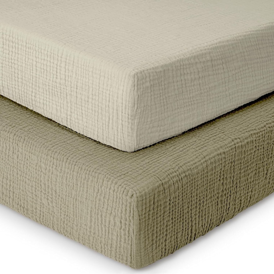 image 1 of MHG Living Muslin Cot Sheets - 100% Cotton Olive/Ecru Cot Sheets - 60x120