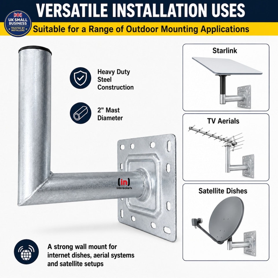 image 1 of Inbrackets Heavy Duty 2" Satellite L Shaped Wall Bracket Galvanised for Starlink, Sky and TV Aerial