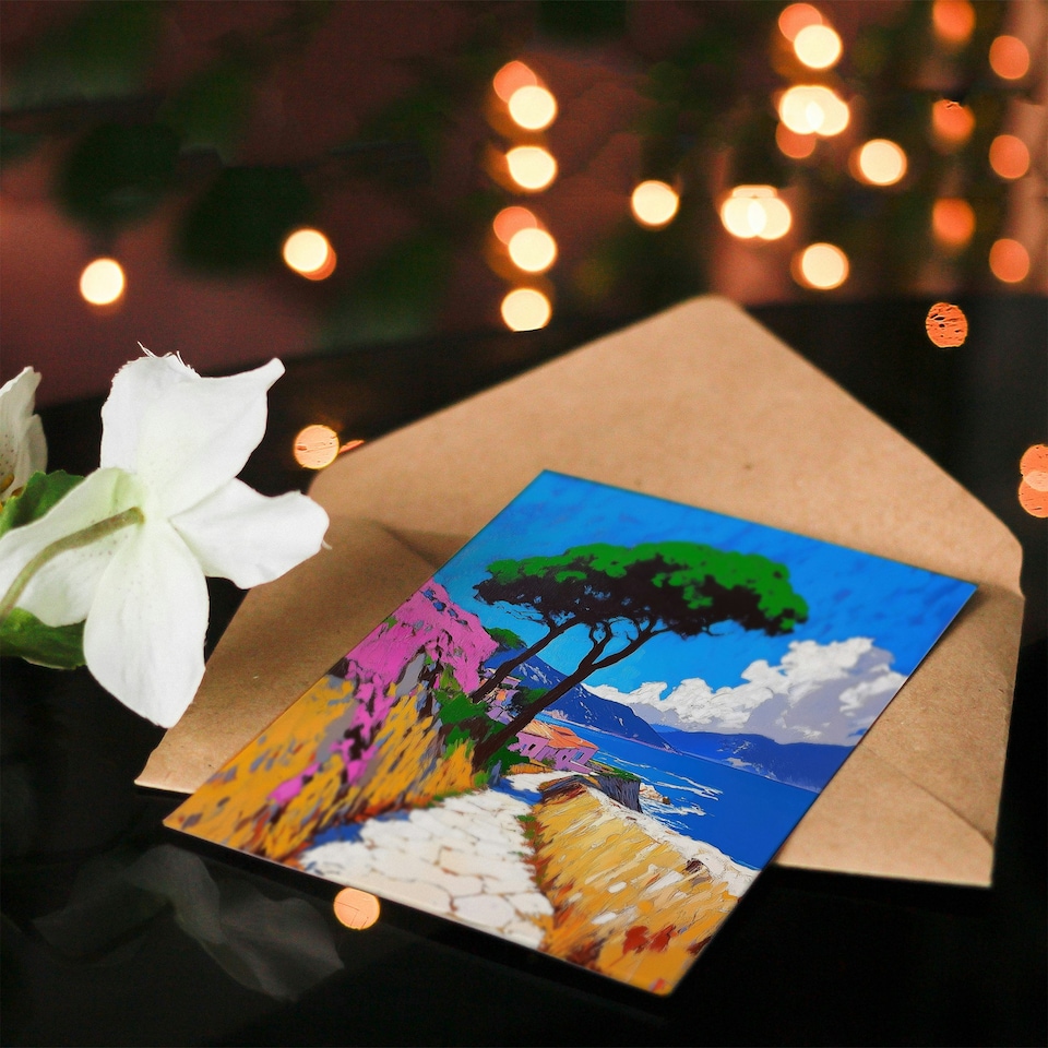 image 1 of Santorini Greece Coastal Path Colourful Landscape Birthday Greeting Card
