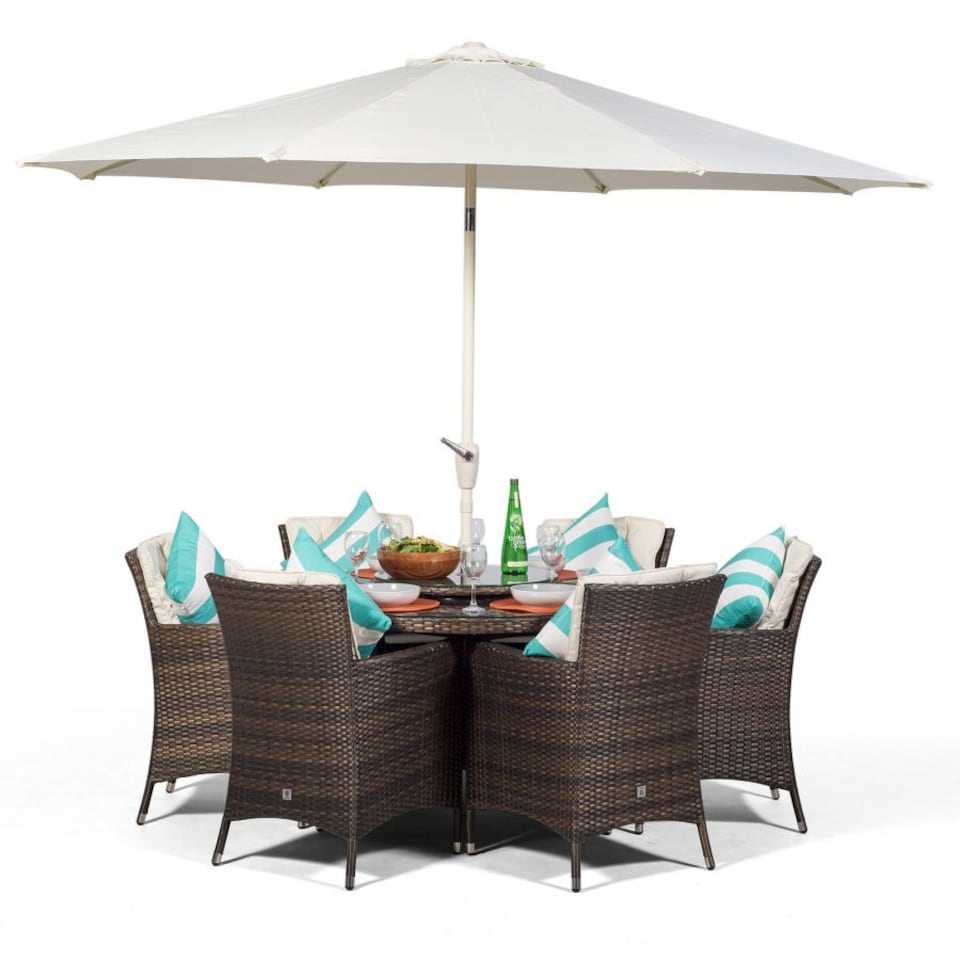 image 1 of Savannah Round 6 Seater Rattan Patio Dining Set | Brown | Brown