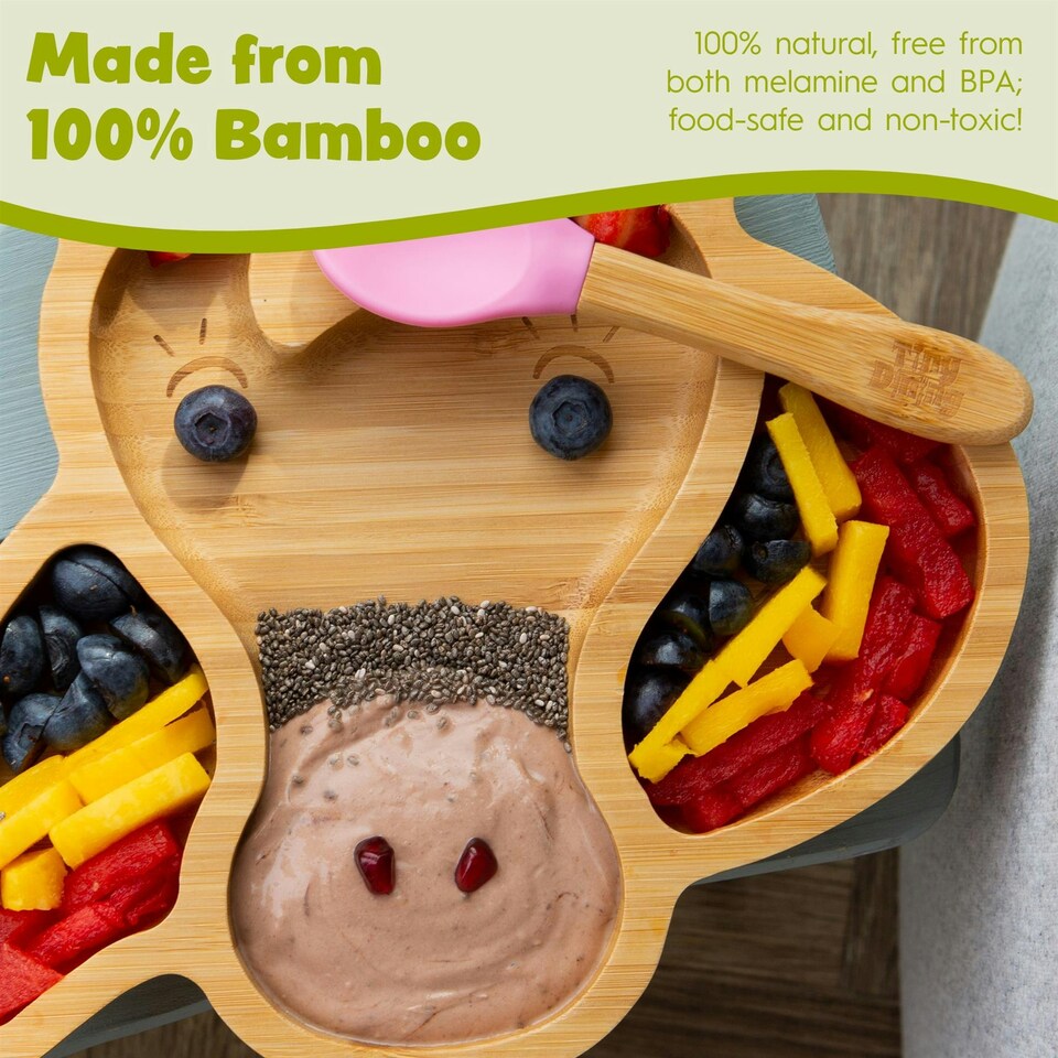 image 1 of Tiny Dining Bamboo Unicorn Baby Weaning Plate & Fork Set - Red