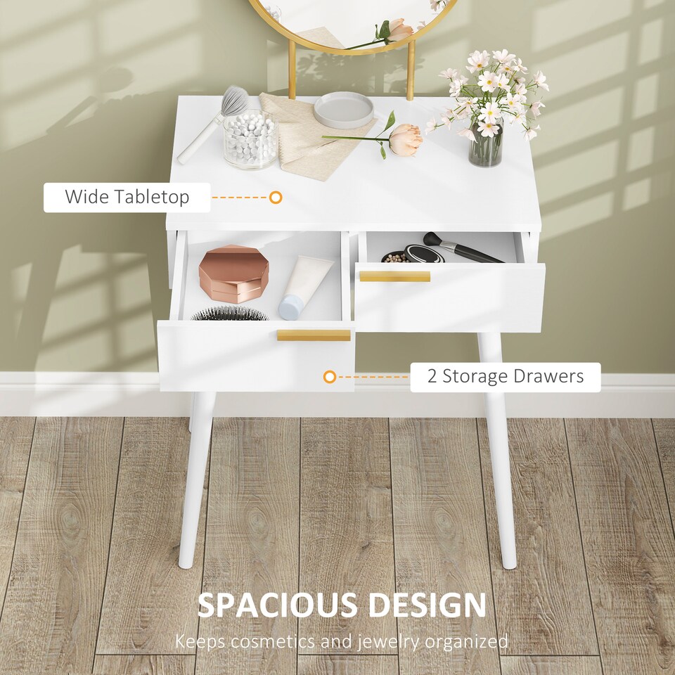 image 1 of HOMCOM Modern Dressing Table with Round Mirror, Makeup Vanity Table with 2 Drawers for Bedroom, Living Room, 60 x 40 x 123 cm, White | White | White