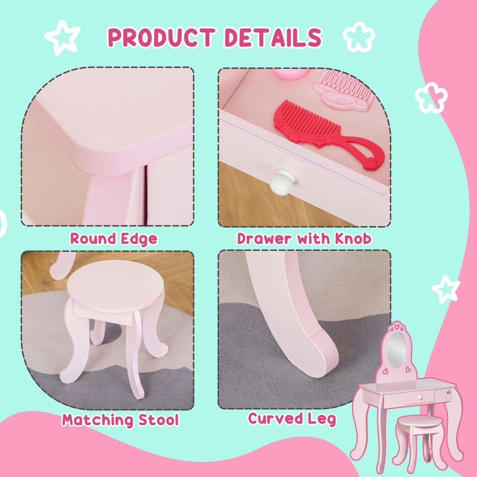 image 1 of HOMCOM Kids Vanity Table & Stool Girls Dressing Set Make Up Desk with Mirror