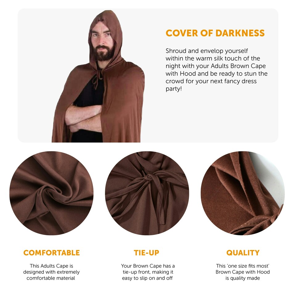 image 1 of Brown Hooded Cape 50" – Viking, Warrior, Trolls, Jedi Fancy Dress – One Size Fits Most N/A | One Size