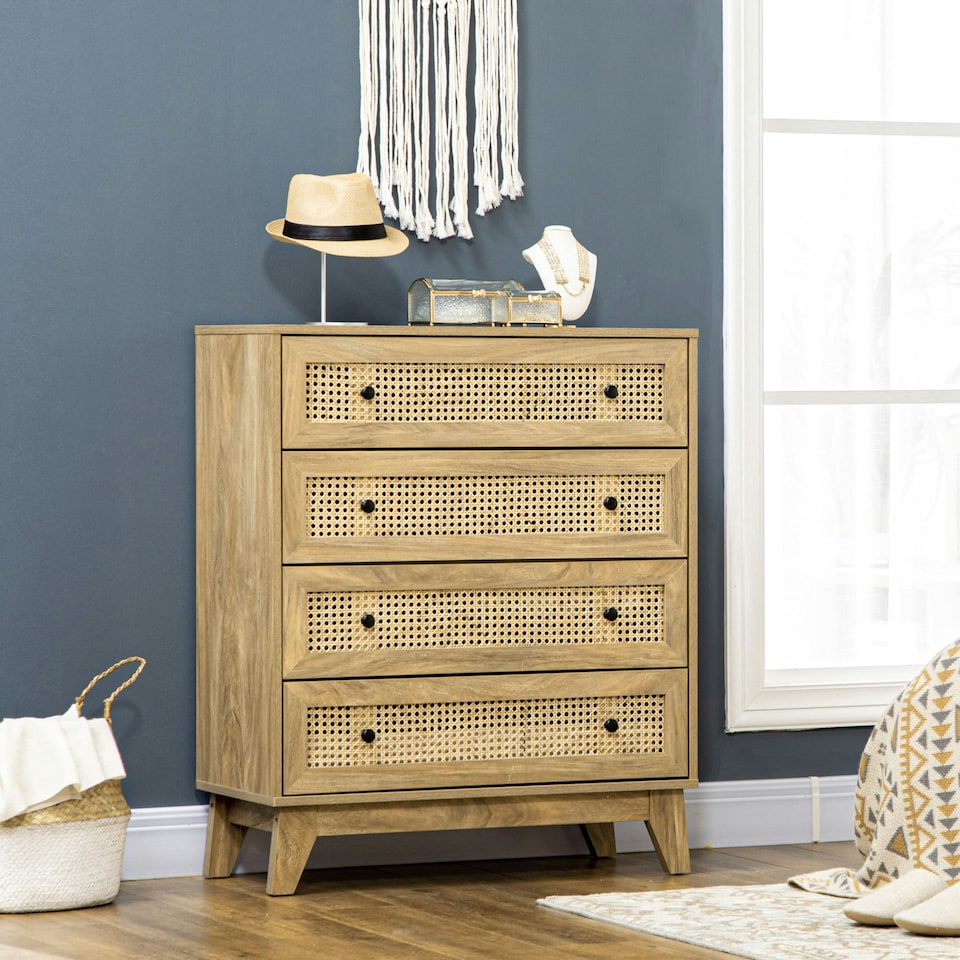 image 1 of HOMCOM Chest of Drawers, 4 Drawer Unit Storage Organiser with Rattan Element