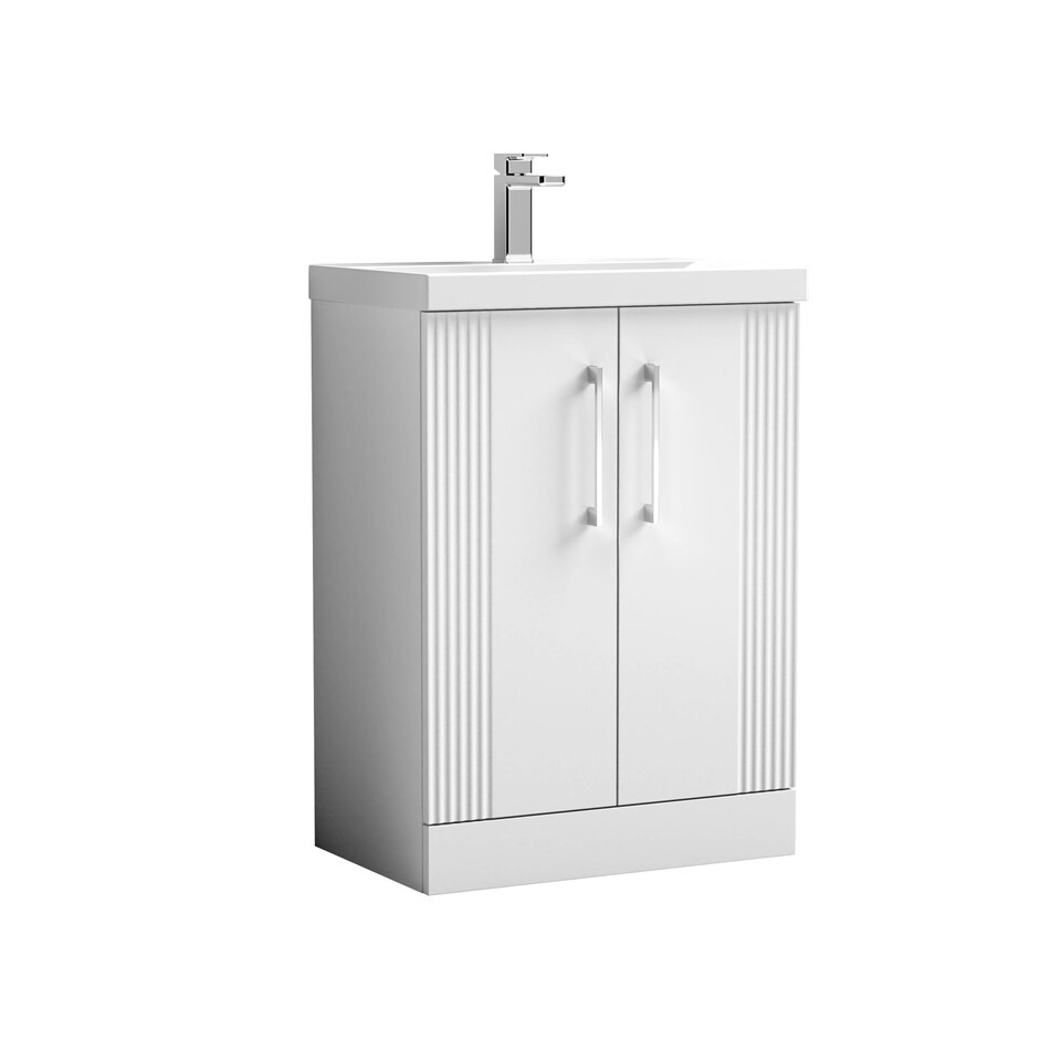 image 1 of Balterley Partial Fluted 2 Door Floor Standing Vanity Unit with Mid-Edge 1 Tap Hole Ceramic Basin | White | Satin White