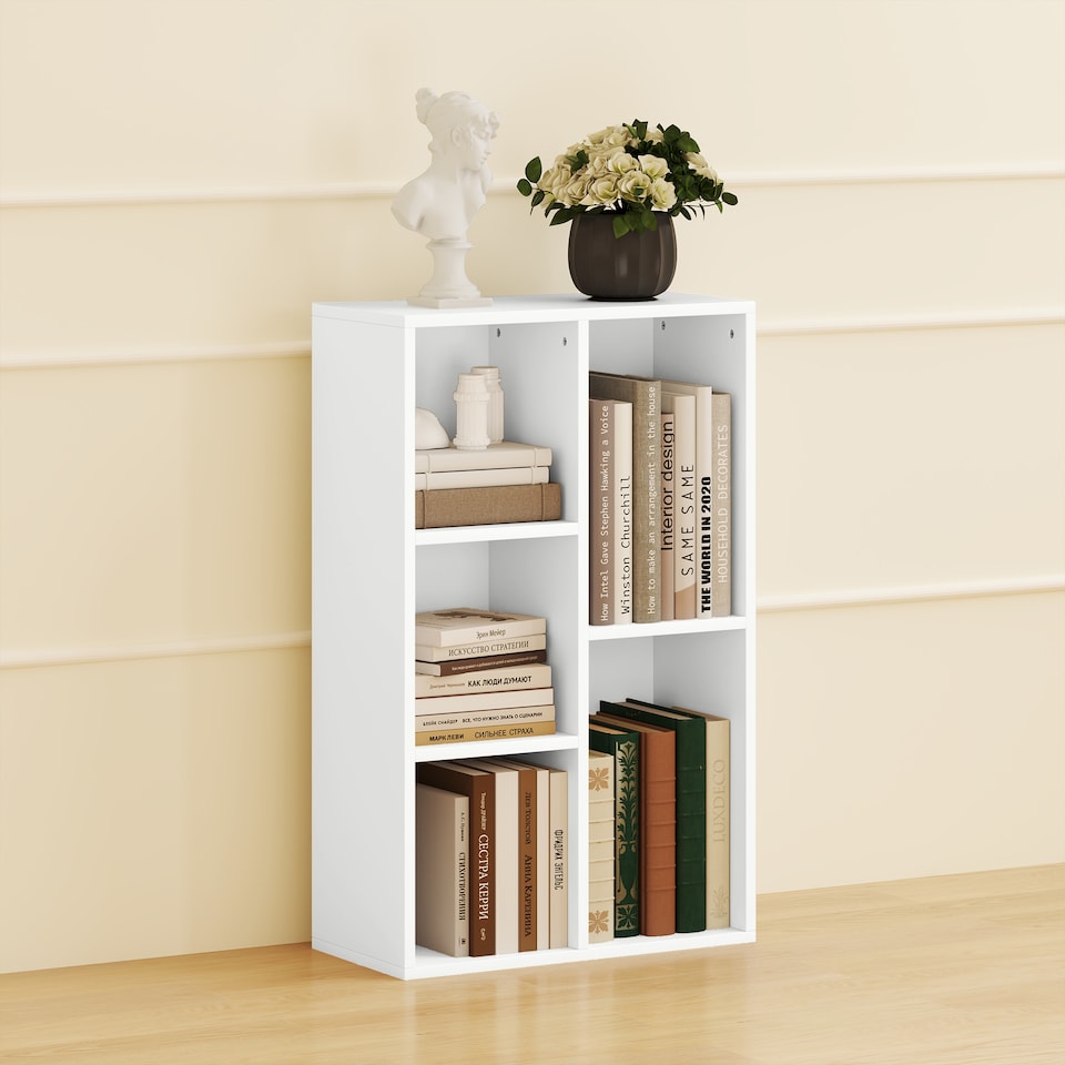 image 1 of HOMCOM Modern 2-Tier Bookshelf with 5 Open Storage Compartments, White