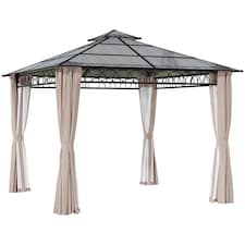 Outsunny 3 x 3 m Outdoor Polycarbonate Gazebo Double Roof Hard Top Gazebo with Galvanised Steel Frame Nettings Curtains for Garden Lawn Patio and Deck Khaki