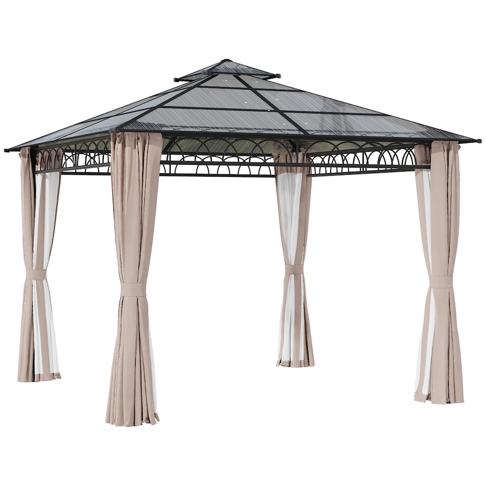 image 1 of Outsunny 3 x 3 m Outdoor Polycarbonate Gazebo Double Roof Hard Top Gazebo with Galvanised Steel Frame Nettings Curtains for Garden Lawn Patio and Deck Khaki