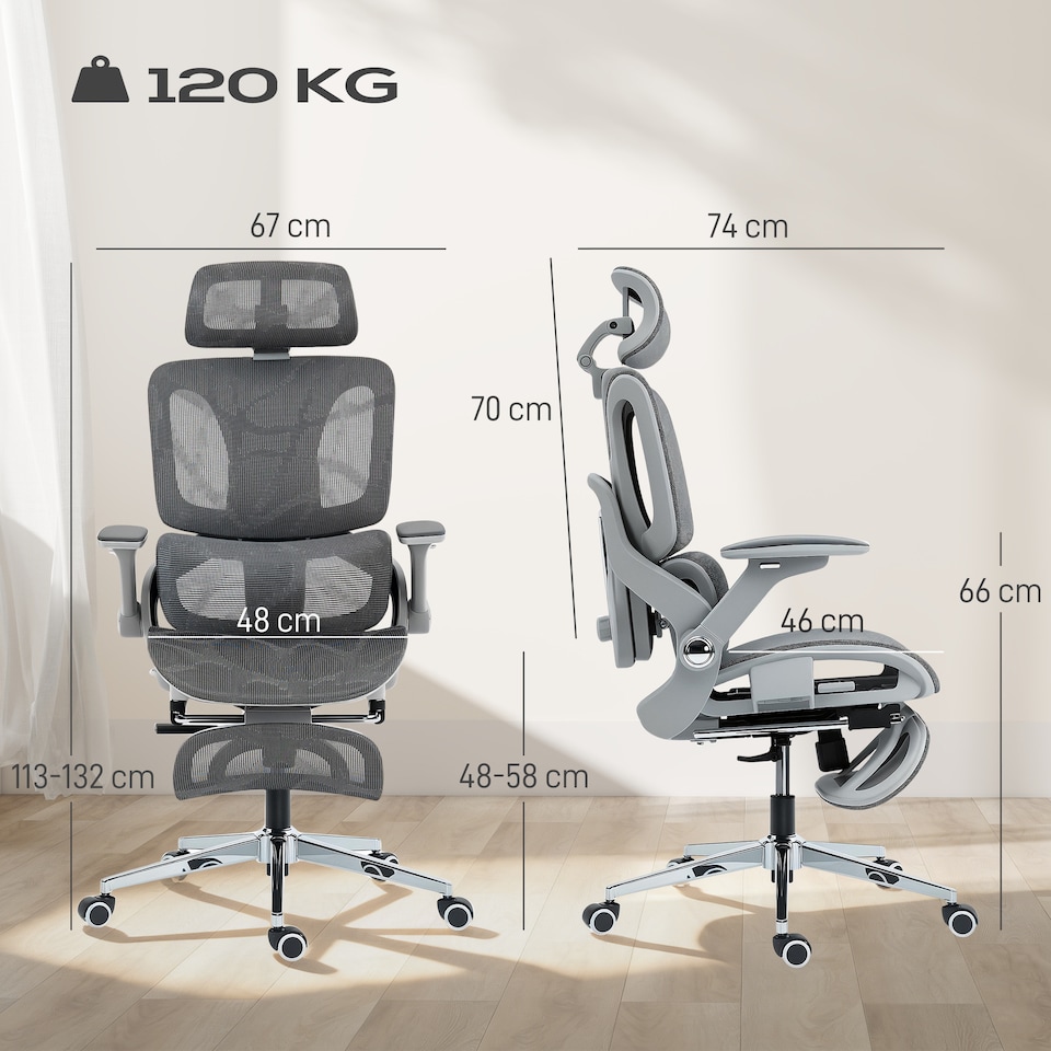 image 1 of HOMCOM Ergonomic Office Chair, High Back Mesh Desk Chair with Reclining Separated Backrest, Lumbar Support, 4D Flip-up Armrests, Adjustable Headrest, Tilt Function, Footrest for Home Office, Grey | Grey