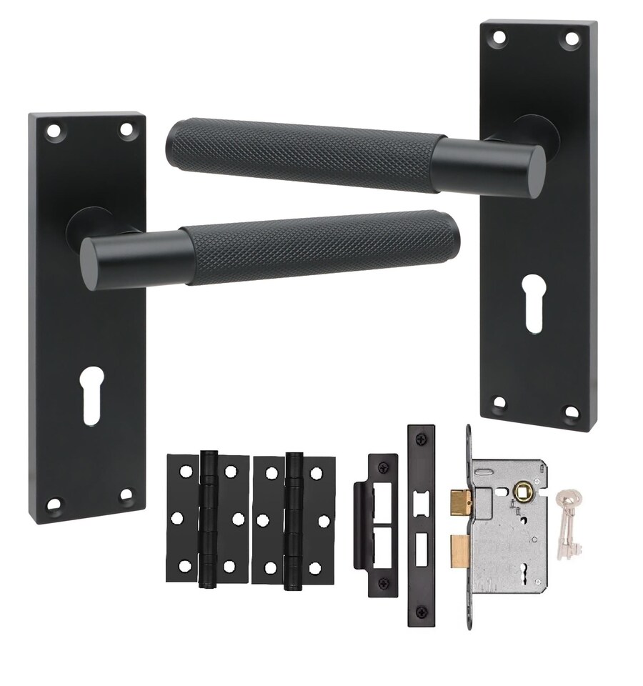 image 1 of Golden Grace Victorian T-Bar Knurled Lock Door Handle Set Matt Black Finish with 3 Lever Lock and Screws - 150mm