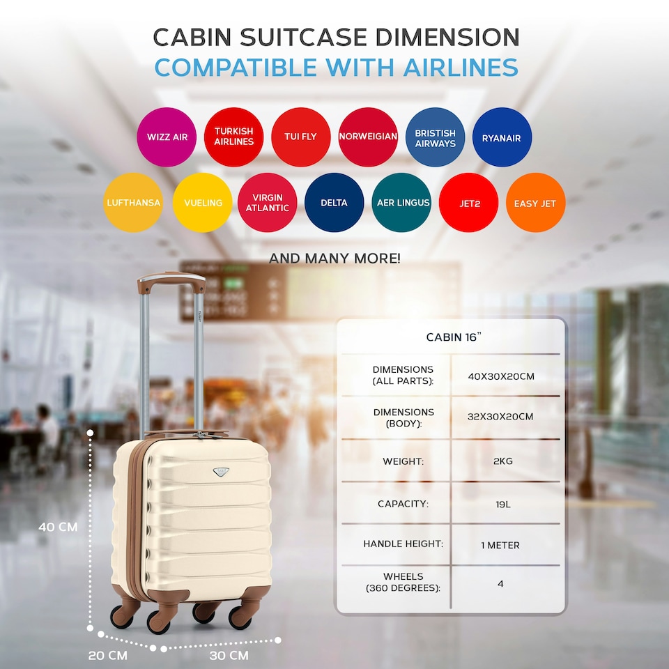 image 1 of 40x30x20cm Wizz Air & Vueling Maximum Size Free Cabin Carry On Lightweight 4 Wheel ABS Hard Case Suitcases Cabin Carry On Hand Luggage | Cream | Cream | Cabin Bag