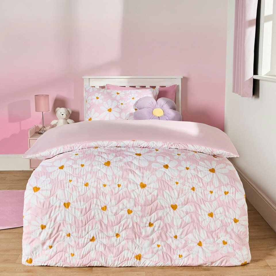 image 1 of OHS Kids Daisy Print Pinsonic Duvet Cover and Pillowcase Set, Single - Pink