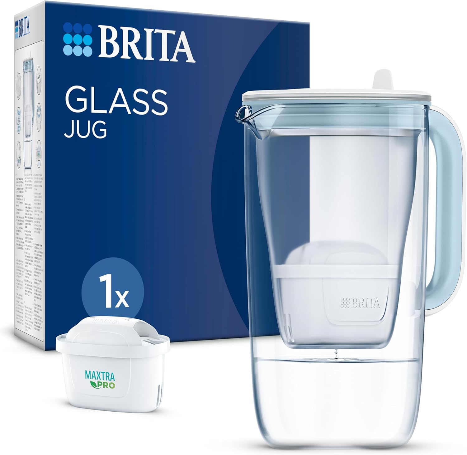BRITA Glass Water Filter Jug Light Blue (2.5L) with 1x MAXTRA PRO All-in-1 Water Filter Cartridge