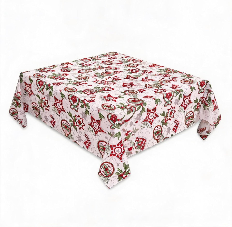 image 1 of London Boutique White Christmas Tablecloth, Waterproof Polyester Table Cover with Star Holly Ornament Print