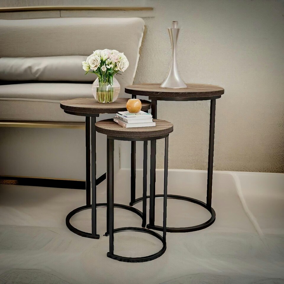 image 1 of Set of 3 Wooden Nest Of Tables Brown Brown