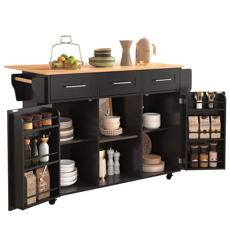 image 1 of VILUXE Mobile Kitchen Island with Foldable Marble-Effect Worktop, 3 Drawers, Adjustable Storage, Towel Holder, Wheels and Solid Wood Feet, Black and Natural Wood