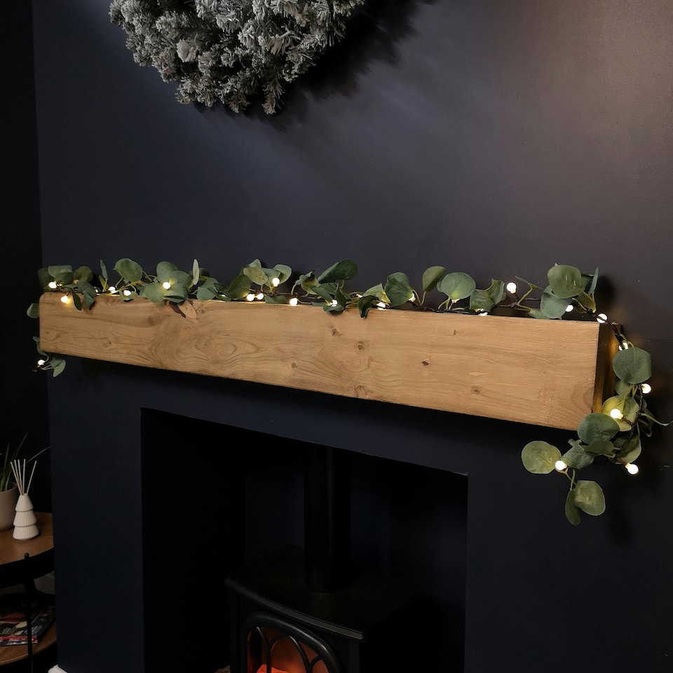image 1 of 1.8m LED Artificial Eucalyptus Garland with Warm White Lights - Battery Operated Green Leaf Foliage for Indoor Christmas Decor