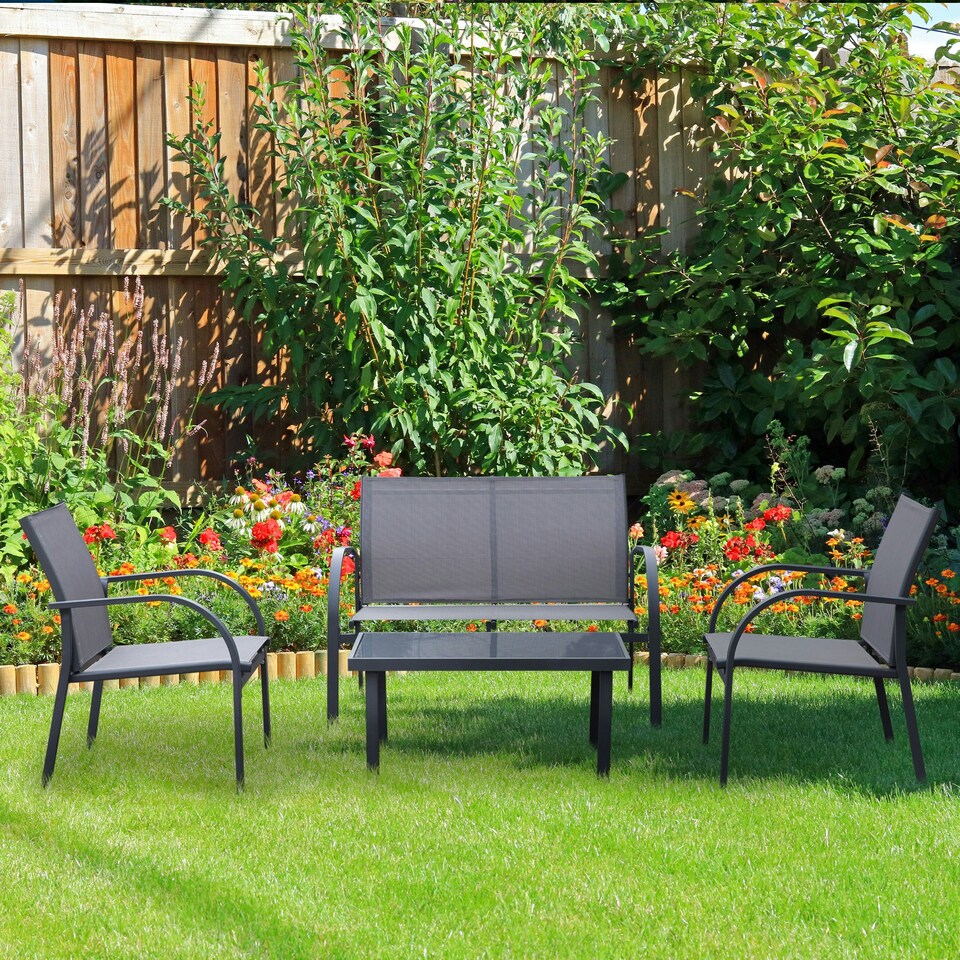 image 1 of Outsunny 4pcs Patio Furniture Set Garden Sofa Glass Top Coffee Table Grey
