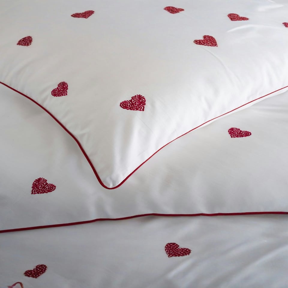 image 1 of Filigree Hearts Duvet Cover Set – White & Red Cotton with Elegant Embroidery | White | King