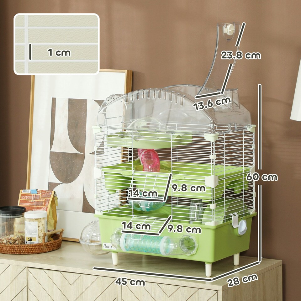 image 1 of PawHut 3-Tier Hamster Cage, Hamster Habitat with Accessories, Green