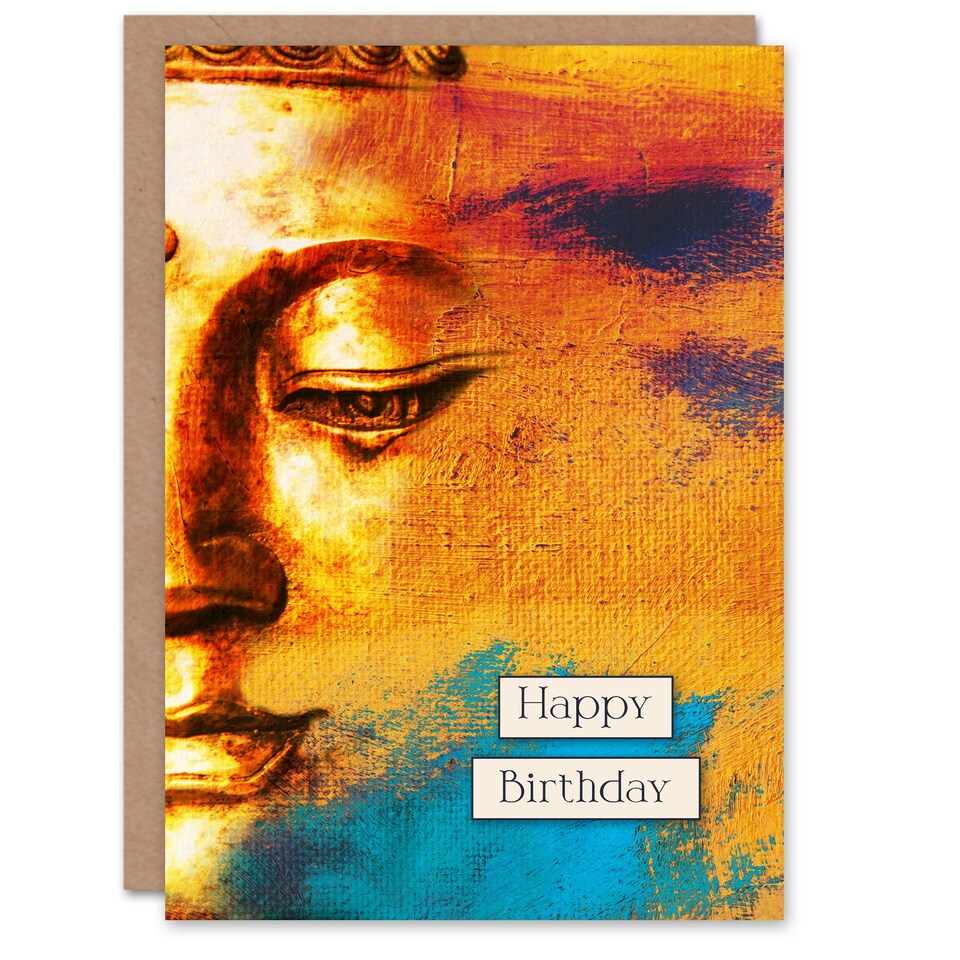image 1 of Happy Birthday Gold Buddha Face Modern Painting Birthday Card